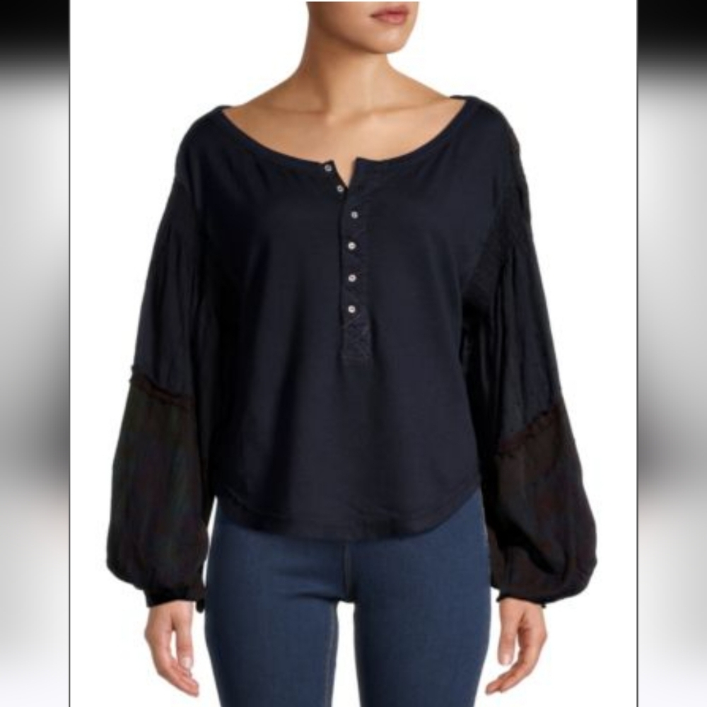 EUC Free People Light Magic Henley Style Top Long Bishop Sleeve Women XS Blue